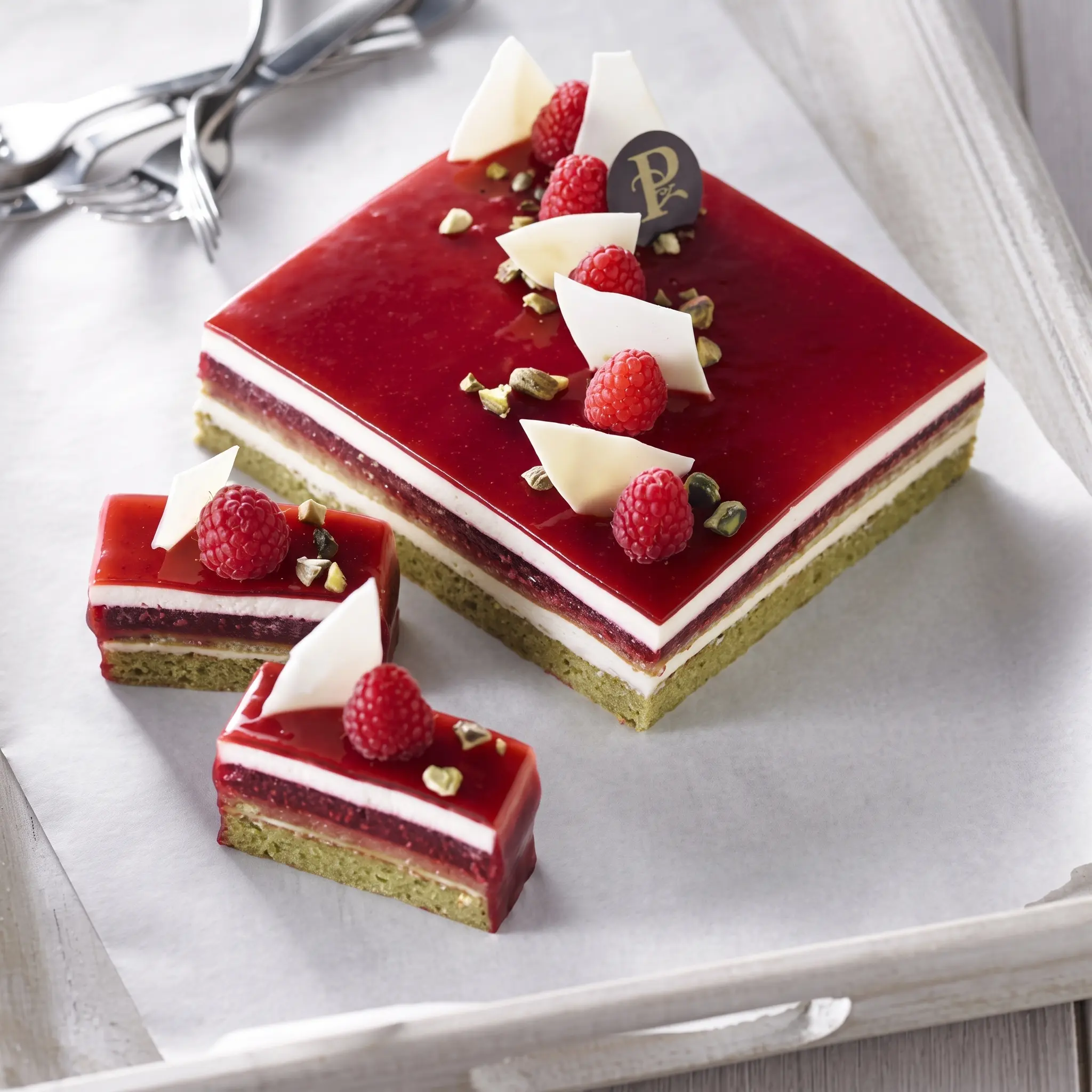Raspberry and pistachio layer dessert cake decorated with raspberries and white chocolate